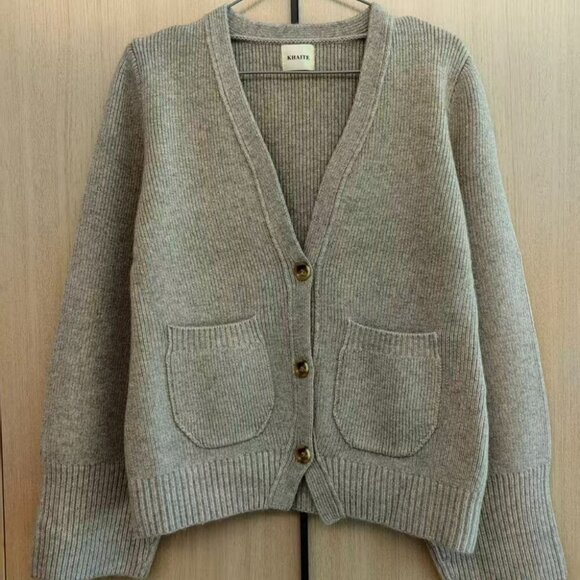 Khaite Light Taupe Wool V-Neck Cardigan - Picture 1 of 7